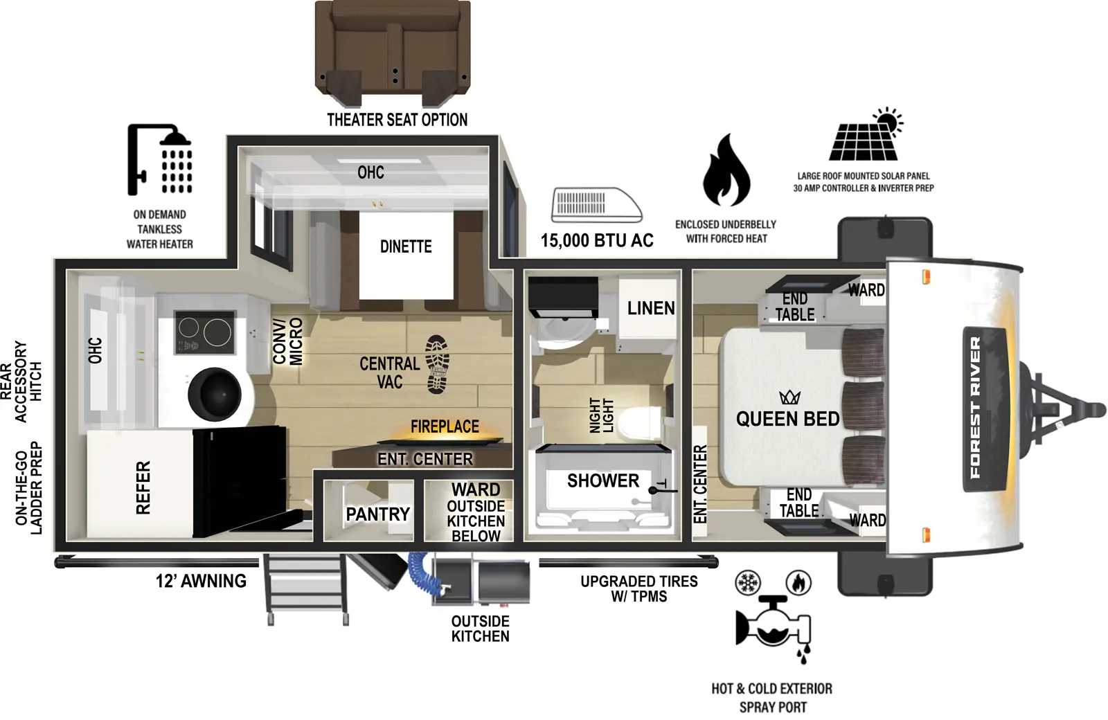 The RP-202 has one slideout and one entry. Exterior features 12 foot awning, upgraded tires with TPMS, outside kitchen, hot and cold spray port, on-the-go ladder prep, rear accessory hitch, on demand tankless water heater, 15,000 BTU air conditioner, enclosed underbelly with forced heat, and large roof mounted solar panel 30 amp controller & inverter prep. Interior layout front to back: foot-facing queen bed with wardrobe and end tables on each side, and entertainment center along inner wall; walk-through full bathroom with linen closet and night light; off-door side slideout with dinette and overhead cabinet (optional theater seat); door side fireplace with entertainment center, central vacuum, pantry, and entry; rear kitchen with refrigerator, sink, cooktop, convection microwave, and overhead cabinet.